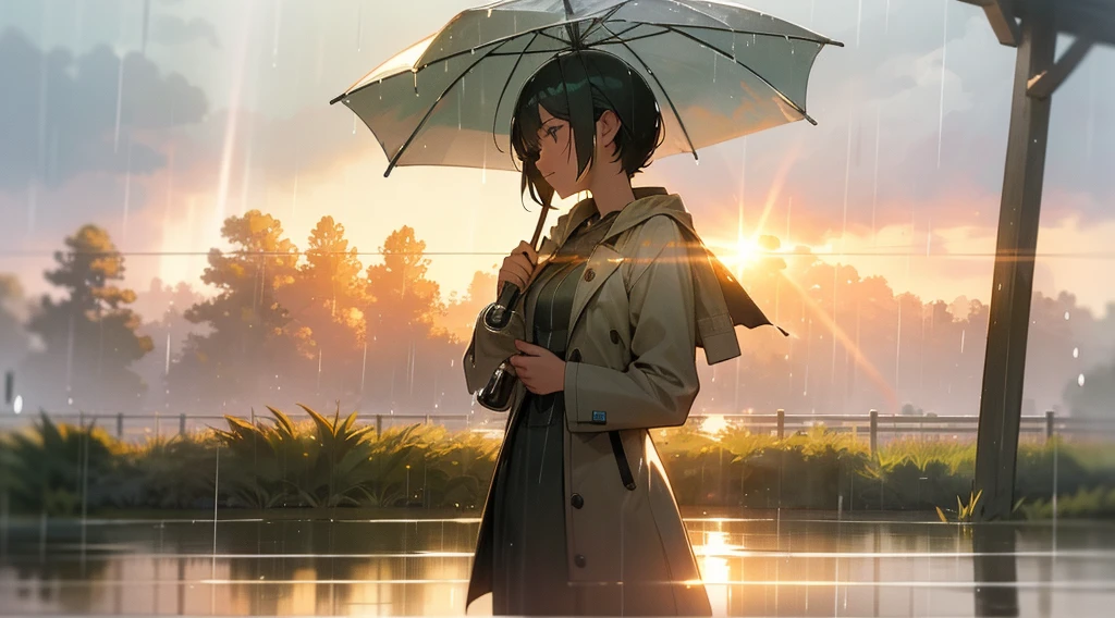 Ultra realistic, masterpiece quality, rain shower in open field ,(( sunlight reflecting through rain drops)), Cinematic, rain drops passing sunlight