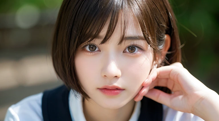 (Bob Cut Hair:1.2),(Wearing school uniform:1.2),1 girl,Japanese,21 years old,(Small breasts:1.3),(Highest quality,masterpiece:1.3,超A high resolution,),(Ultra-detailed,Caustics),(Photorealistic:1.4,RAW shooting,)Ultra-Realistic Capture,Very detailed,High resolution 16K human skin close-up。 Natural skin texture、,Pores、、It needs to be detailed enough to be easily identifiable。 Skin should be even-toned and healthy looking。 Use natural light and colour, Sad expression, Looking at the camera, Perfect dynamic composition, Outdoor