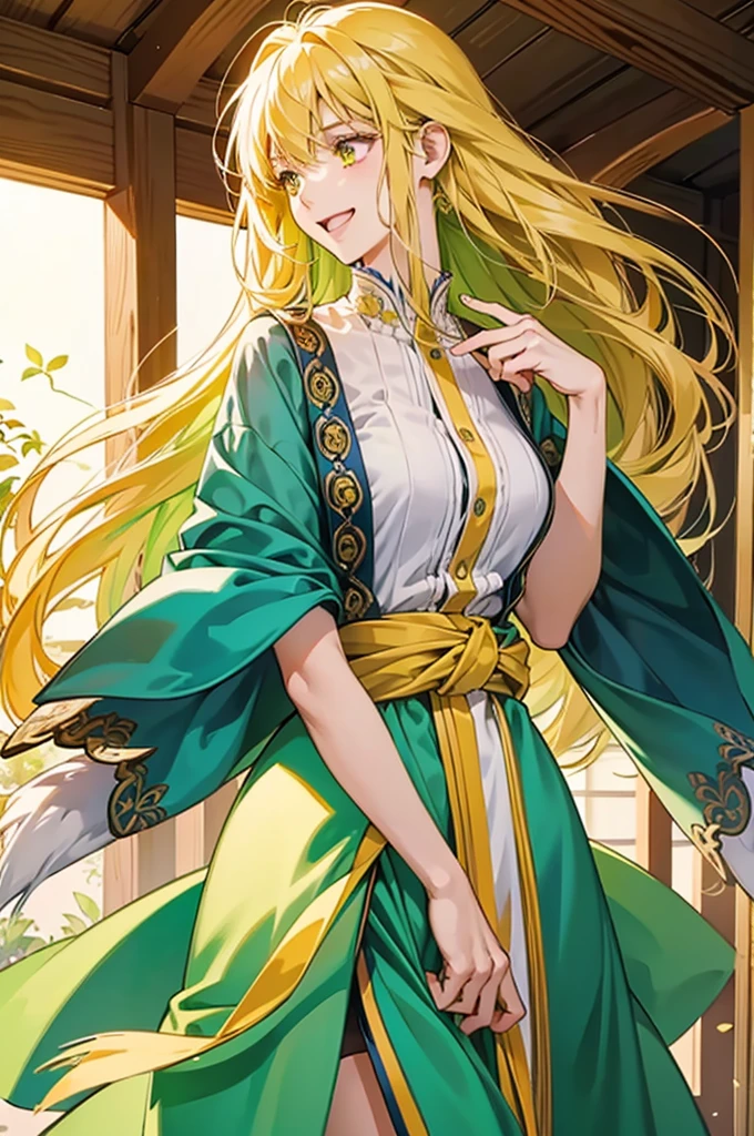 anime、最high quality, high quality, 8K、High resolution,Highest quality、solo、A gentle and mature lady、tall、Long limbs、solo、Laughing with mouth open、Yellow-green long hair、Yellow Eyes、anime