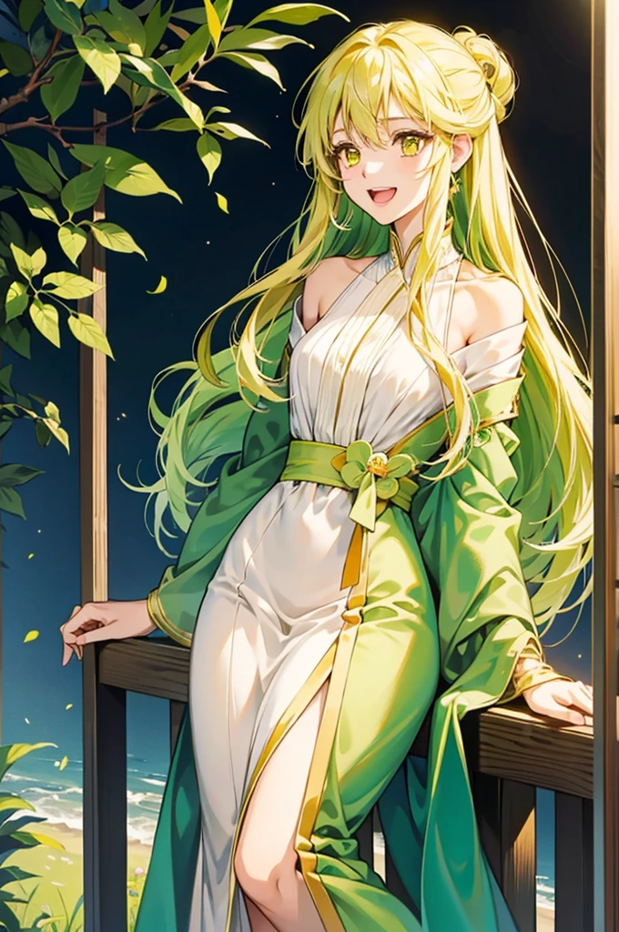 anime、最high quality, high quality, 8K、High resolution,Highest quality、solo、A gentle and mature lady、tall、Long limbs、solo、Laughing with mouth open、Yellow-green long hair、Yellow Eyes、anime