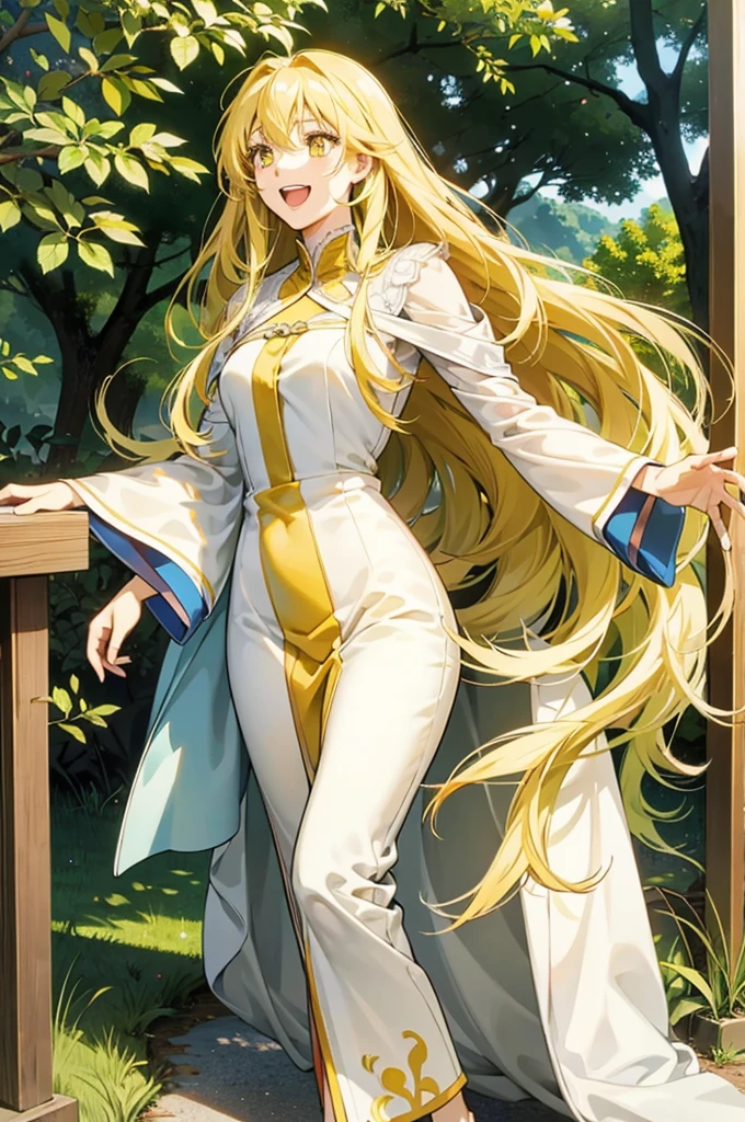 anime、最high quality, high quality, 8K、High resolution,Highest quality、solo、A gentle and mature lady、tall、Long limbs、solo、Laughing with mouth open、Yellow-green long hair、Yellow Eyes、anime