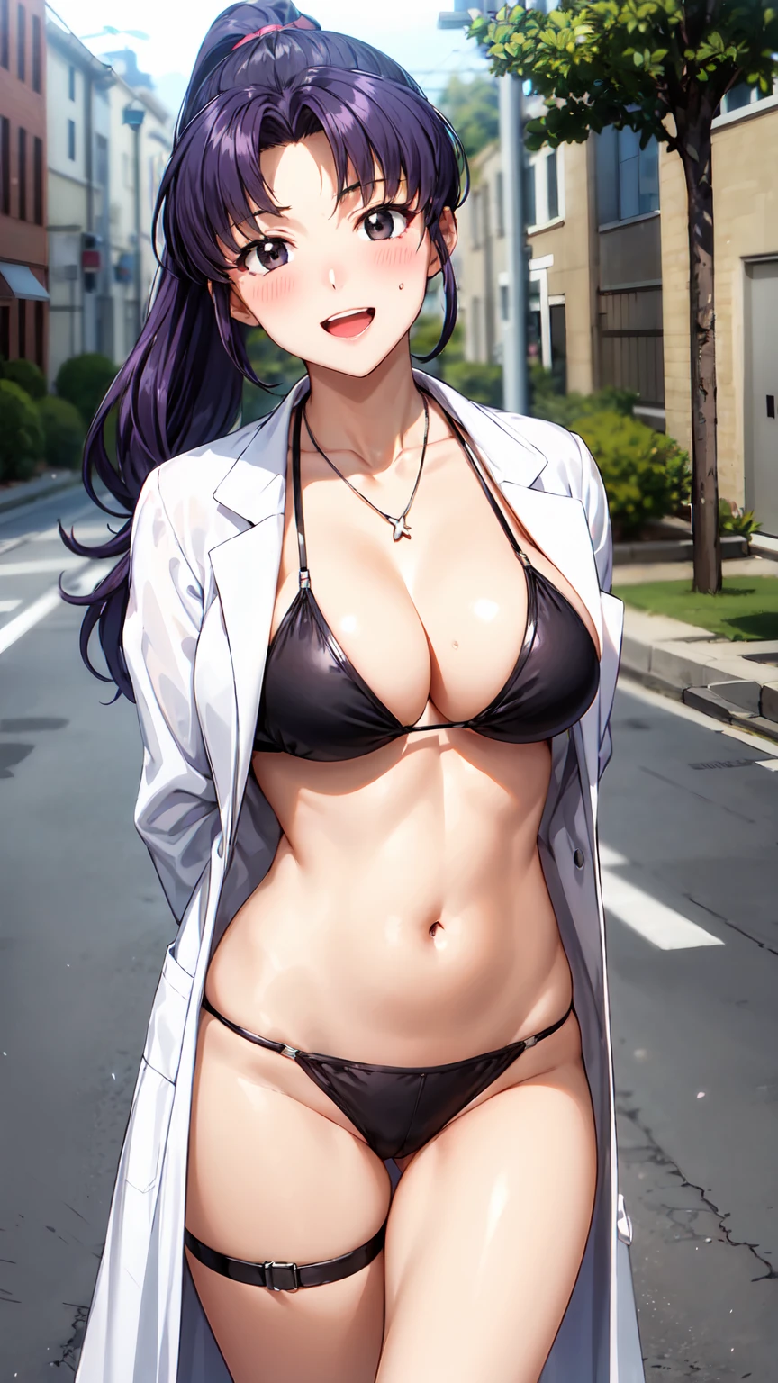 Masterpiece ,best quality , high resolution , ultra detail , colorful , soft light , mild light , sunlight , shinny , (perfect fingers , Detailed fingers, perfect hands) , (1 girl solo:1.38) , (Misato katsuragi) , (black eyes, ponytail , purple hair, medium_long_hair, make up, necklace, tall, slim body,) , (wear lab coat , white lab coat , inside wear bikinin , navel , belly , thigh strap, head tilt) , (arms behind back . hands behind back) , (cleavage:1.15) , (big breast:1.1) , (outdoor, on street , on road) , (standing cowboy shot) , ( full face blush , shy , smile , open mouth) , (face viewer , look at the viewer)
