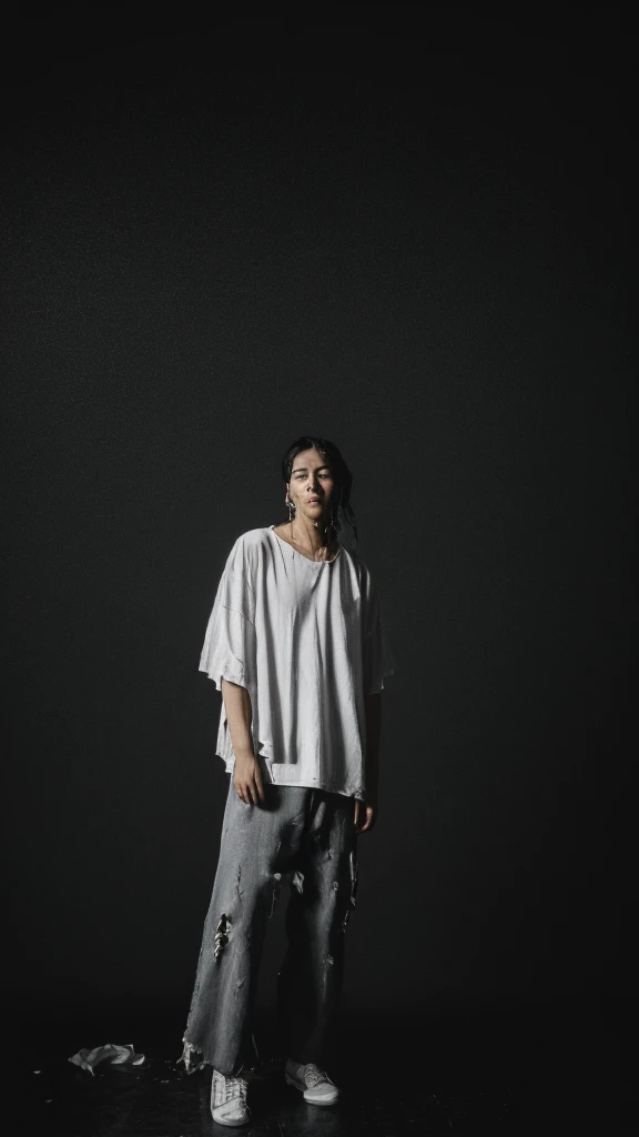 best image quality, masterpiece, super high resolution, (fidelity:1.4), photo, 1 girl, white shirt, torn jeans, white sneakers, dim, darkness, despair, pity, poor, movie, tears, teardrops, (torn clothes:1.5), (wet clothes:1.4), bare shoulders, real rain, wet hair,a large empty room with a plant and a large blank wall, dark grey backdrop studio, plain studio background, black studio background color, photo studio background, studio background, dark studio background, grey backdrop, dark studio backdrop, light grey backdrop, studio backdrop, dark concrete room, non-illuminated backdrop, still life photo of a backdrop, black studio background