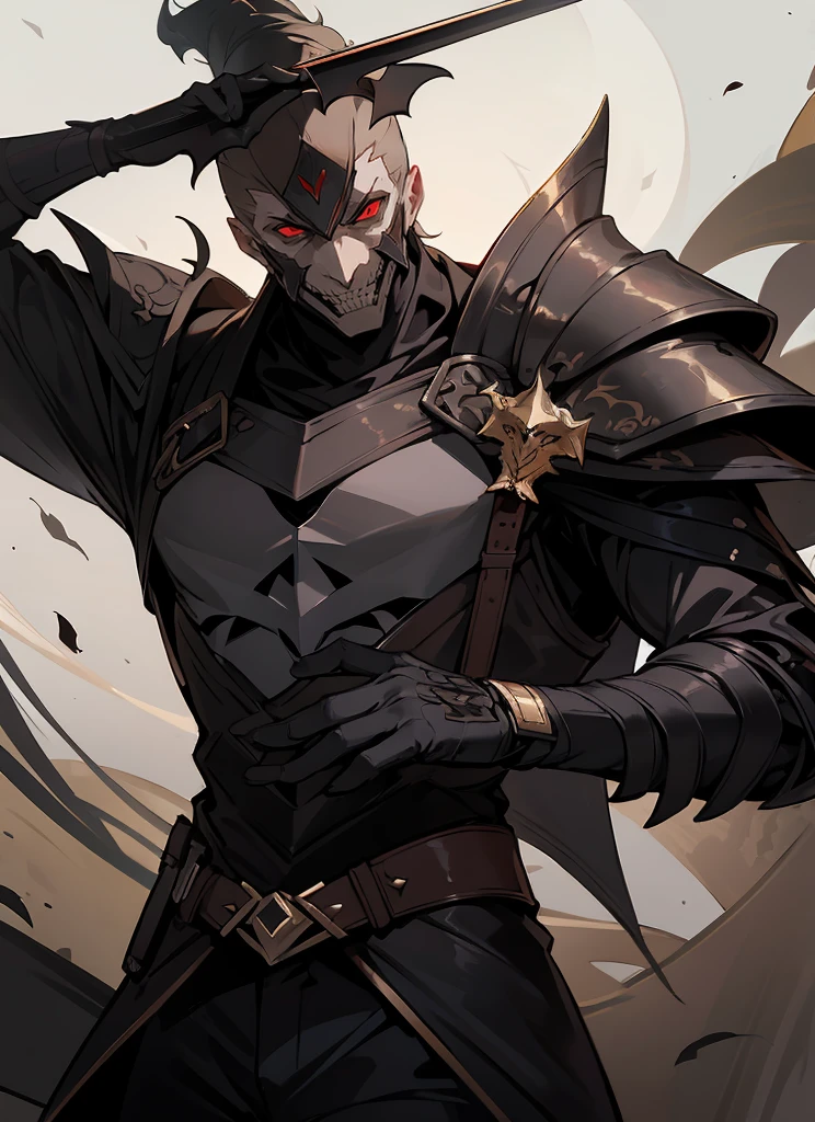 1 , handsome fashion hair,bronze hair highlightwhite, fanstasy, smile face, male ,fantasy, reaper, hunter with blackshortsword, villian face, black armor , darkness wolrd, bad, devil mask