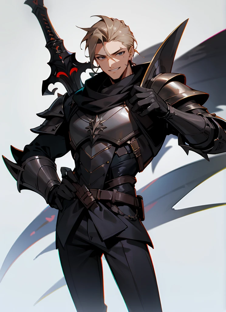 1 , handsome fashion hair,bronze hair highlightwhite, fanstasy, smile face, male ,fantasy, reaper, hunter with blackshortsword, villian face, black armor , darkness wolrd, bad, devil mask