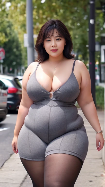 (8K, best quality, masterpiece, Golden Ratio Composition,:1.3), (40-year-old plump woman), (Obese body), (Thick thighs), (Smooth long legs), (Wearing gray tights:1.2), (Huge breasts), (Big thick legs), (Short jeans), Soft face line, Gentle and beautiful, (Silver short hair),