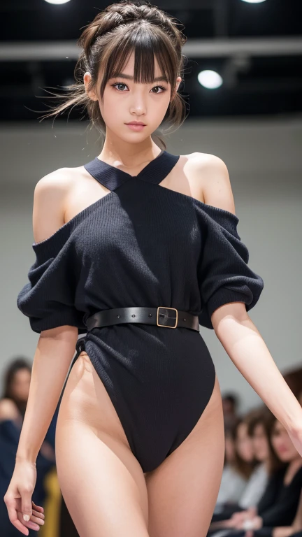 A girl walking down the runway at a fashion show, seminude, thigh, (High resolution:1.3), (16K, Realistic, RAW Photos, Best image quality: 1.4), (One Girl), Beautiful Face, (A vivid face), Beautiful hairstyle, Realistic eyes, Beautiful and exquisite, (Realistic Skin), Beautiful skins, charm, 超High resolution, Surreal, High detail, Golden Ratio, Highly detailed cute girl,(20-year-old)