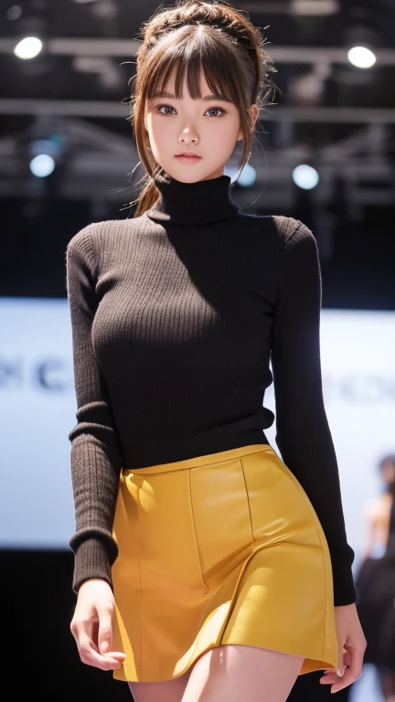 A girl walking down the runway at a fashion show, seminude, thigh, (High resolution:1.3), (16K, Realistic, RAW Photos, Best image quality: 1.4), (One Girl), Beautiful Face, (A vivid face), Beautiful hairstyle, Realistic eyes, Beautiful and exquisite, (Realistic Skin), Beautiful skins, charm, 超High resolution, Surreal, High detail, Golden Ratio, Highly detailed cute girl,(20-year-old)