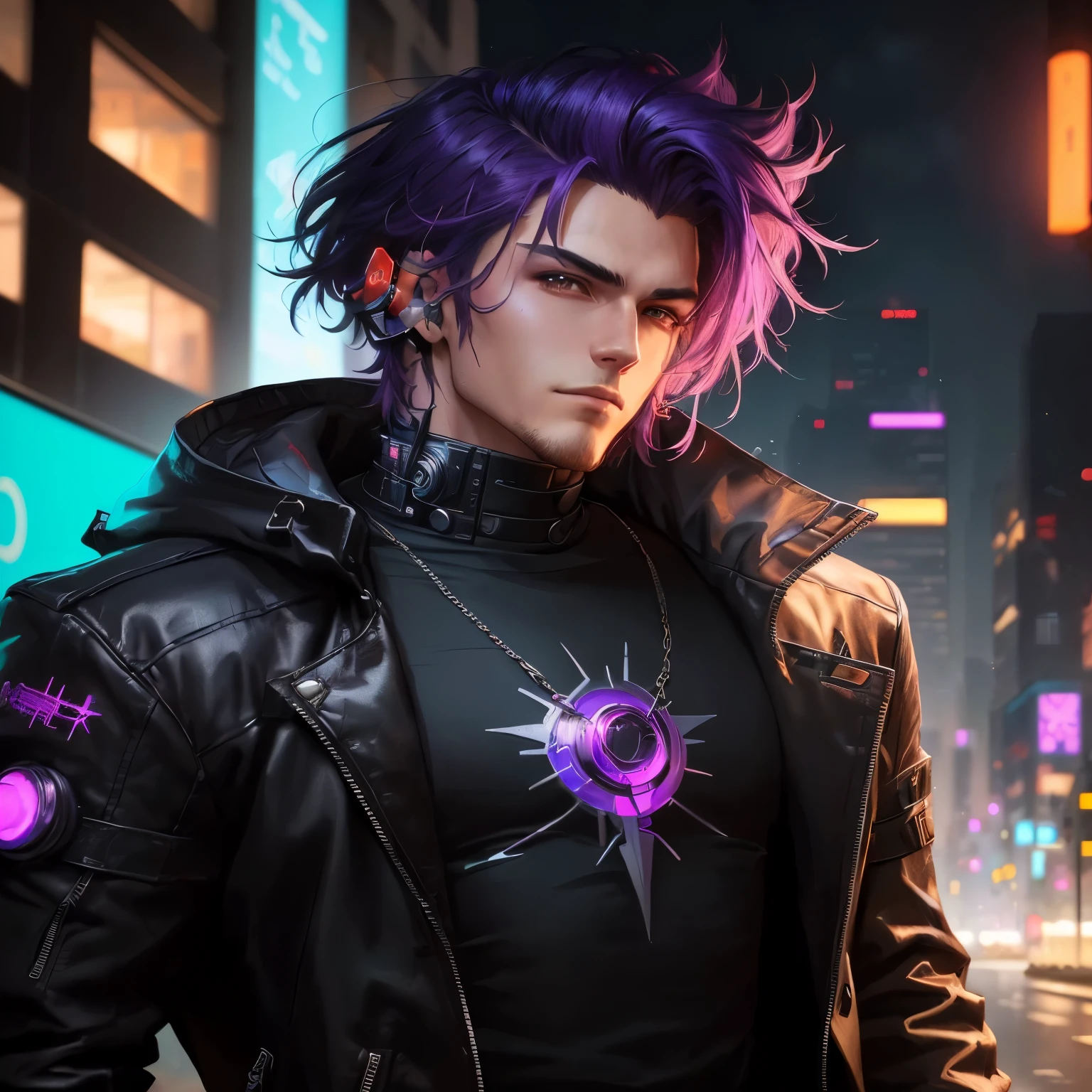 a man with purple hair and a black jacket standing in the middle of a city, digital cyberpunk anime art, anime cyberpunk art, modern cyberpunk anime, digital cyberpunk - anime art, anime cyberpunk, cyberpunk hero, cyberpunk anime art, has cyberpunk style, cyberpunk vibe, in cyberpunk style, handsome guy in demon slayer art, cyberpunk dude, wearing cyberpunk streetwear, cyberpunk art style