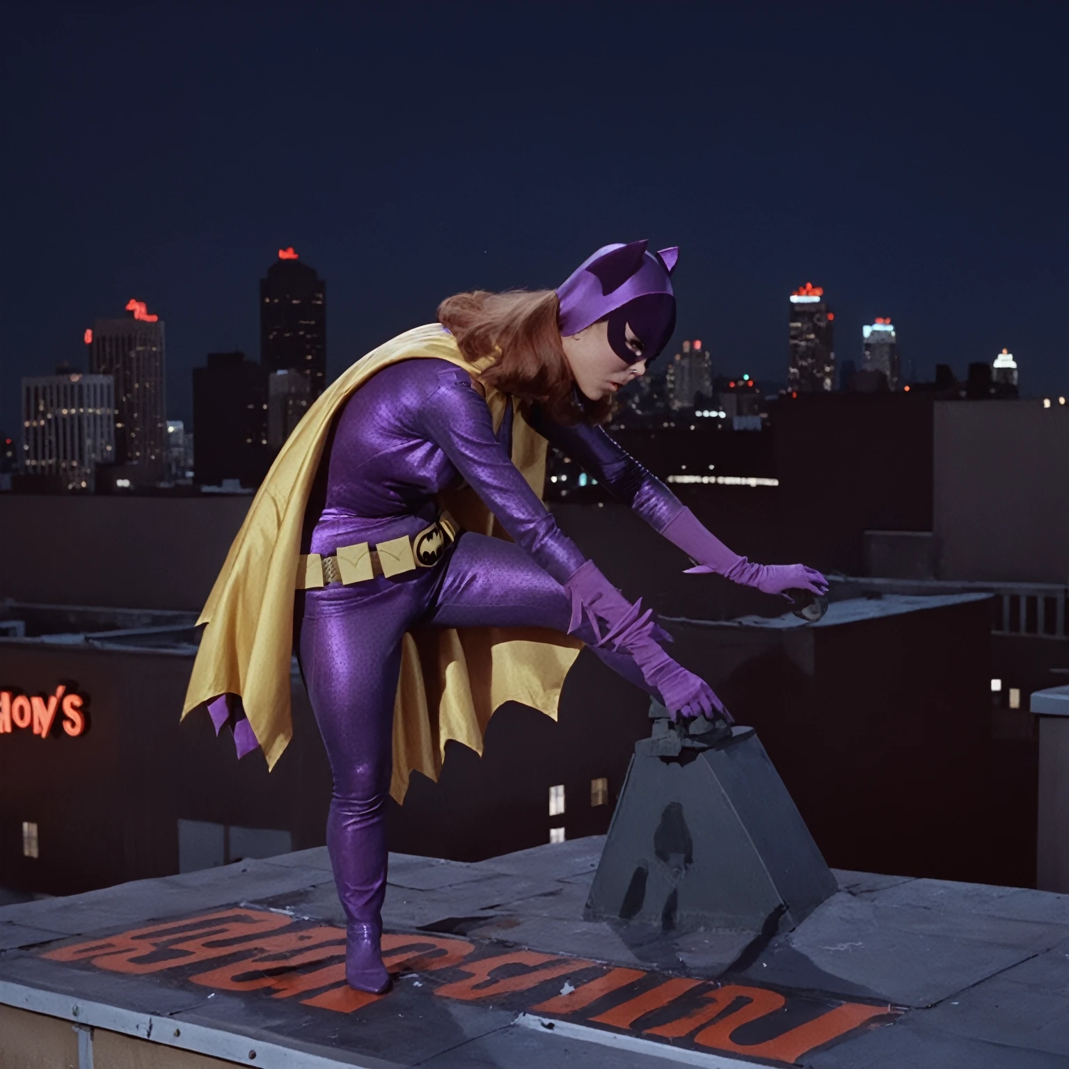 yvonne craig woman, crouching on top of a rooftop at nightime, background of city buildings, big neon ads, 60's style, analog film, snapshot, film grain  