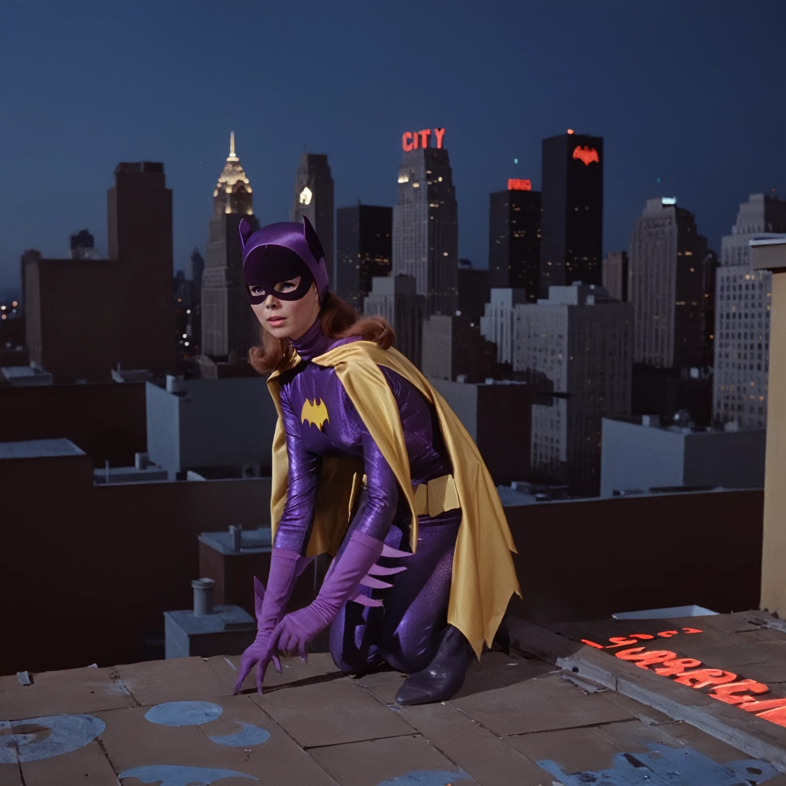 yvonne craig woman, crouching on top of a rooftop at nightime, background of city buildings, big neon ads, 60's style, analog film, snapshot, film grain  