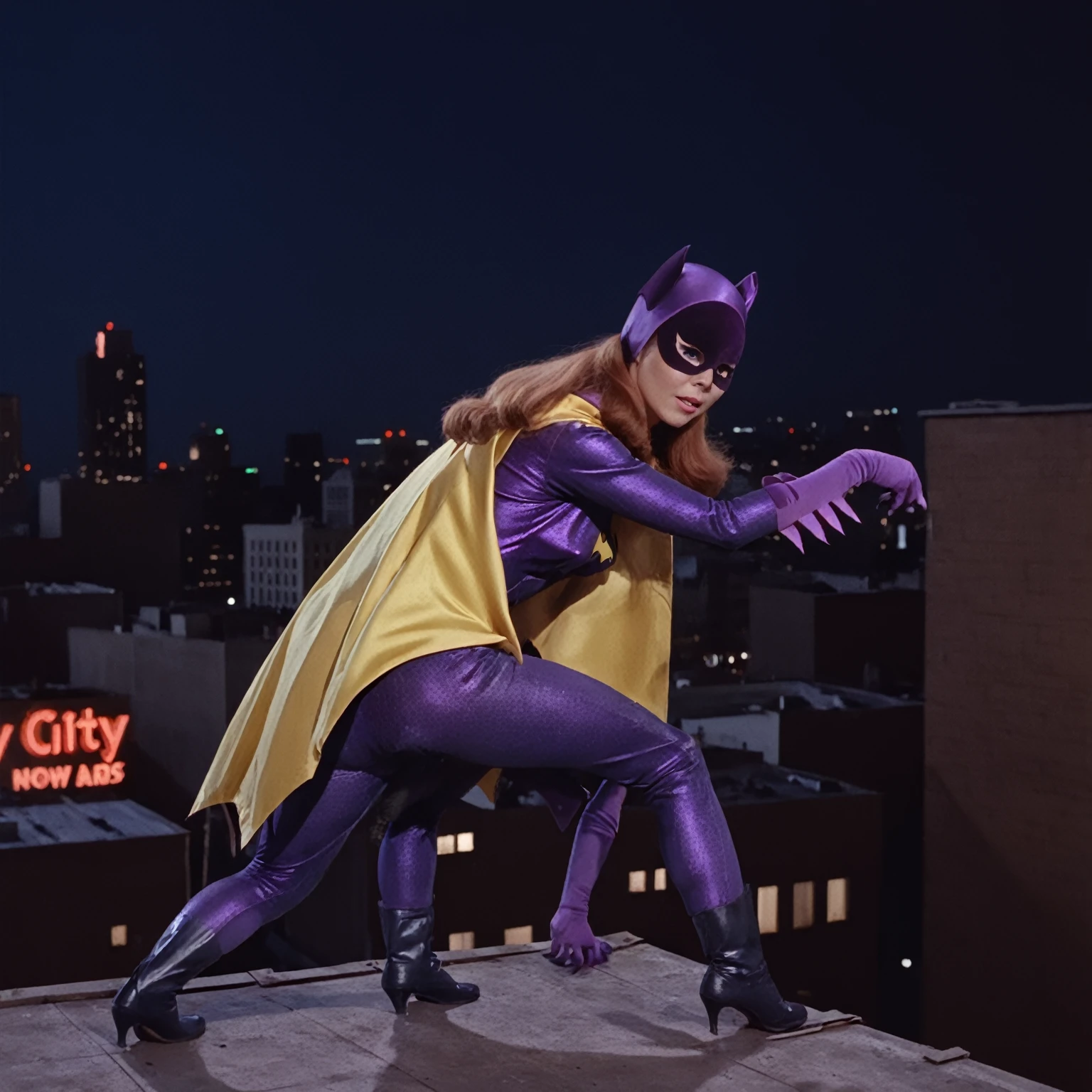 yvonne craig woman, crouching on top of a rooftop at nightime, background of city buildings, big neon ads, 60's style, analog film, snapshot, film grain  