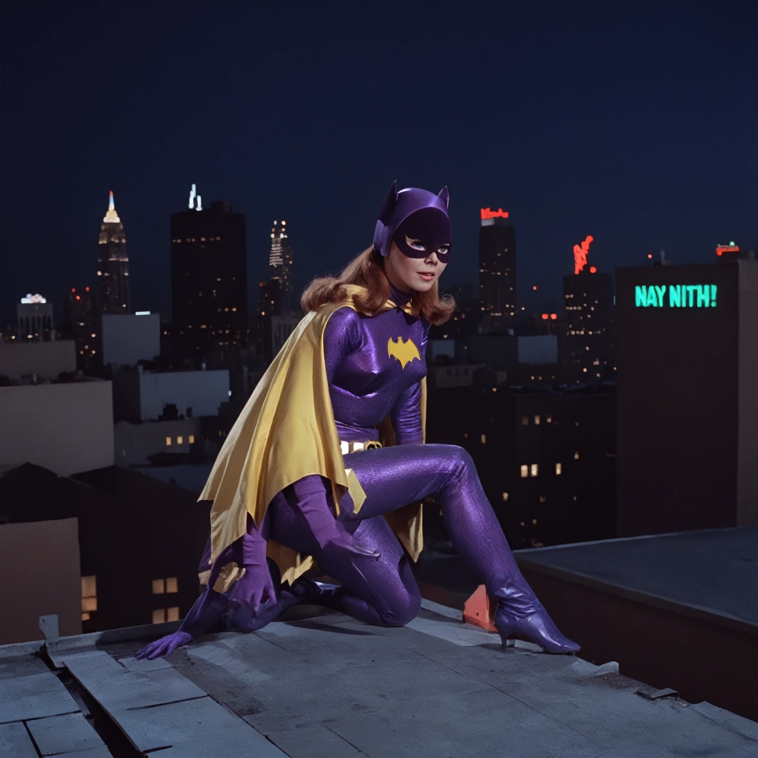 yvonne craig woman, crouching on top of a rooftop at nightime, background of city buildings, big neon ads, 60's style, analog film, snapshot, film grain  