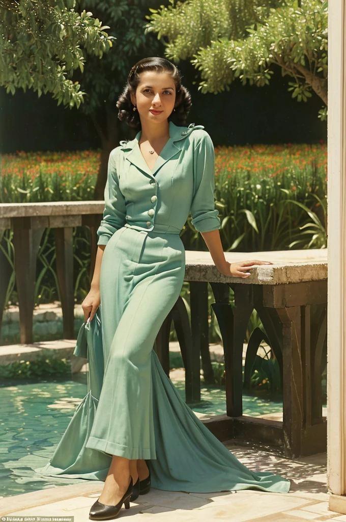 Palestine, 1946. portrait of A young ((((35-year-old)) Sira Quiroga)), beautiful, skinny, sitting in a luxurious hotel patio, ((((clothings from the 1940s)))), ((hairstyle of the 1940s)), ((colorful, Monet))