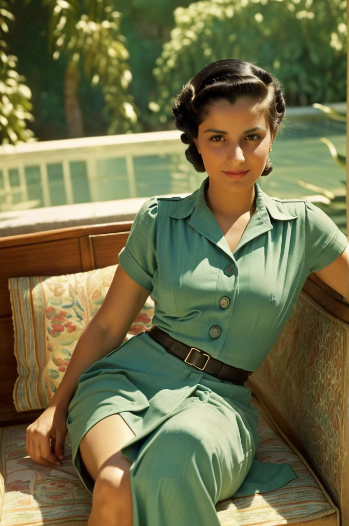 Palestine, 1946. portrait of A young ((((35-year-old)) Sira Quiroga)), beautiful, skinny, sitting in a luxurious hotel patio, ((((clothings from the 1940s)))), ((hairstyle of the 1940s)), ((colorful, Monet))