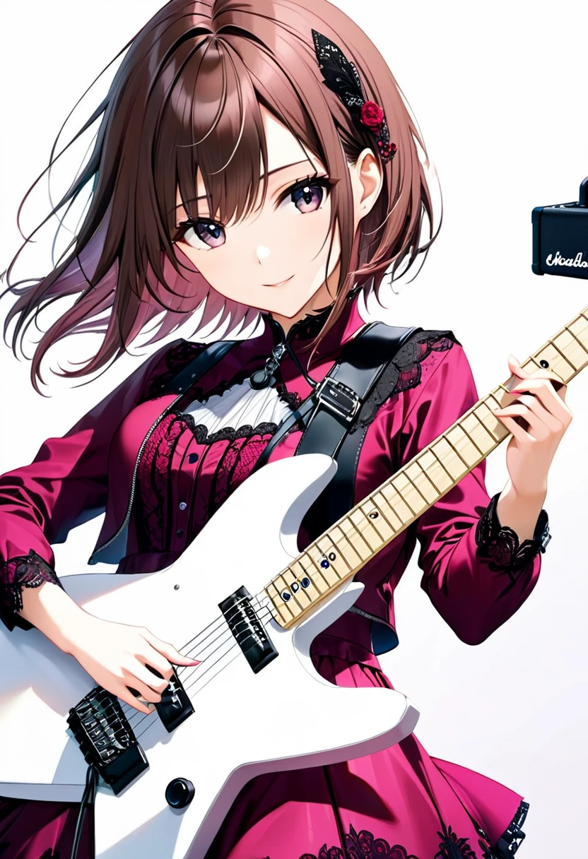 (((White background:1.2)))、(masterpiece、Ultra HD、Masterpiece、４K)、Scandinavian gothic metal girl playing a white electric guitar, Intense gaze into the camera, Highly detailed eyes, Detailed hand and fingers、Brown bob hair、Pink Gothic Dress,A gentle smile、mini skirt、Dynamic Movement、Uplifting、looks fun、(((Guitar Head:1.2)))