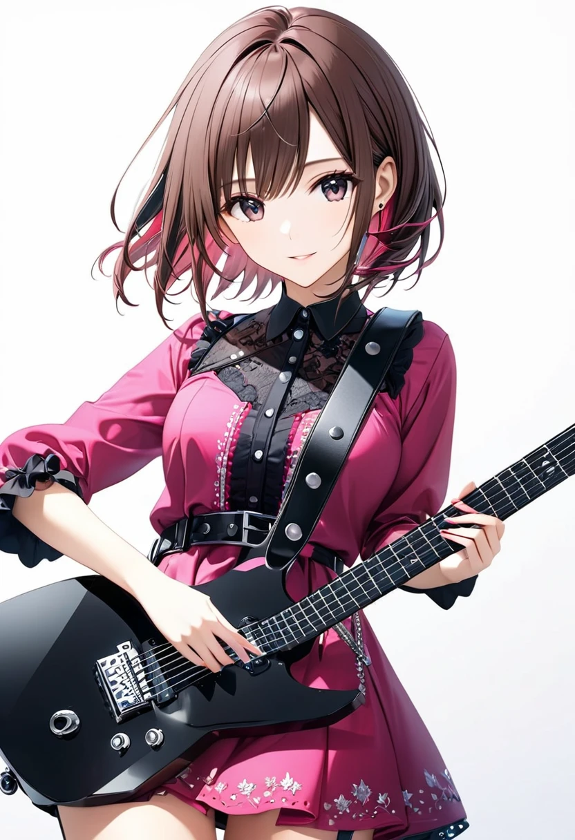 (((White background:1.2)))、(masterpiece、Ultra HD、Masterpiece、4K)、Scandinavian gothic metal girl playing a white electric guitar, Intense gaze into the camera, Highly detailed eyes, Detailed hand and fingers、Brown bob hair、Pink Gothic Dress,A gentle smile、mini skirt、Dynamic Movement、Uplifting、looks fun、(((Guitar Head:1.2)))