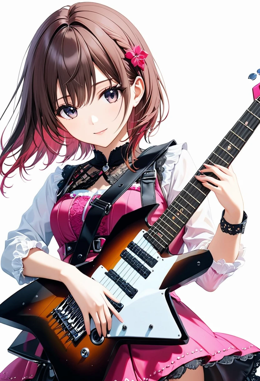 (((White background:1.2)))、(masterpiece、Ultra HD、Masterpiece、４K)、Scandinavian gothic metal girl playing a white electric guitar, Intense gaze into the camera, Highly detailed eyes, Detailed hand and fingers、Brown bob hair、Pink Gothic Dress,A gentle smile、mini skirt、Dynamic Movement、Uplifting、looks fun、(((Guitar Head:1.2)))
