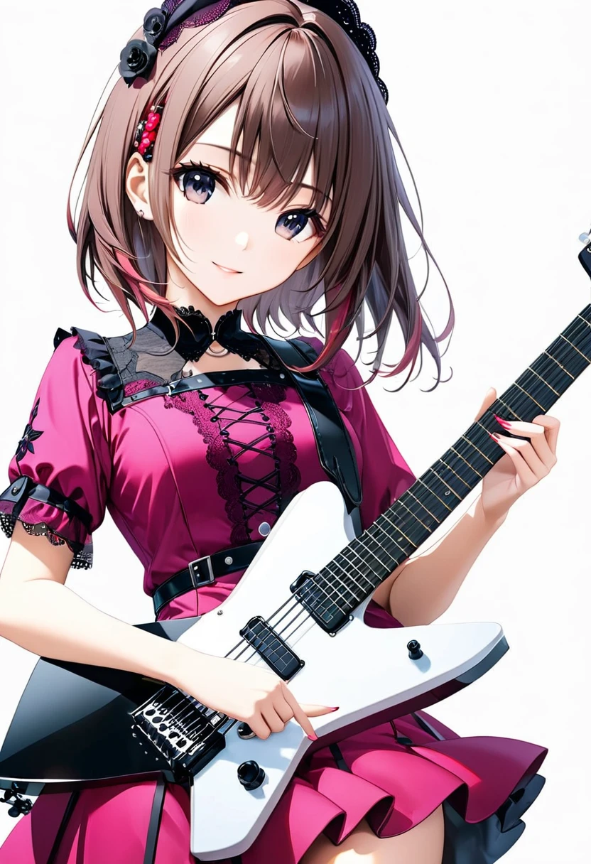 (((White background:1.2)))、(masterpiece、Ultra HD、Masterpiece、４K)、Scandinavian gothic metal girl playing a white electric guitar, Intense gaze into the camera, Highly detailed eyes, Detailed hand and fingers、Brown bob hair、Pink Gothic Dress,A gentle smile、mini skirt、Dynamic Movement、Uplifting、looks fun、(((Guitar Head:1.2)))