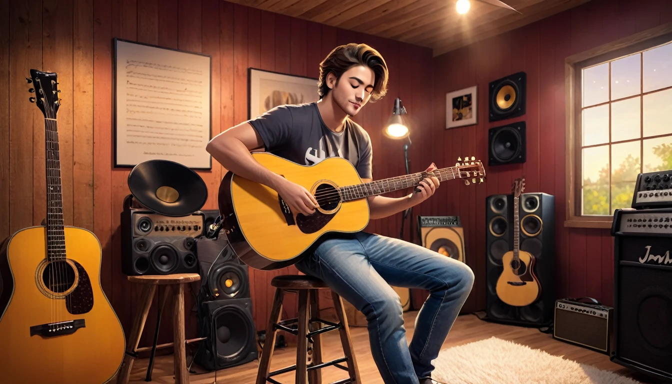 Capture a handsome young man playing an acoustic guitar in a cozy, well-equipped music studio. He is casually dressed in a fitted t-shirt and jeans, sitting comfortably on a stool or chair. The studio has a warm, inviting ambiance with soundproof walls, musical instruments, and recording equipment visible in the background. Behind him, prominently displayed, is a stylish sign or logo that reads 'JM Music,' adding a professional and branded touch to the scene. The focus should be on his relaxed yet passionate expression as he strums the guitar, creating an atmosphere of genuine musical artistry