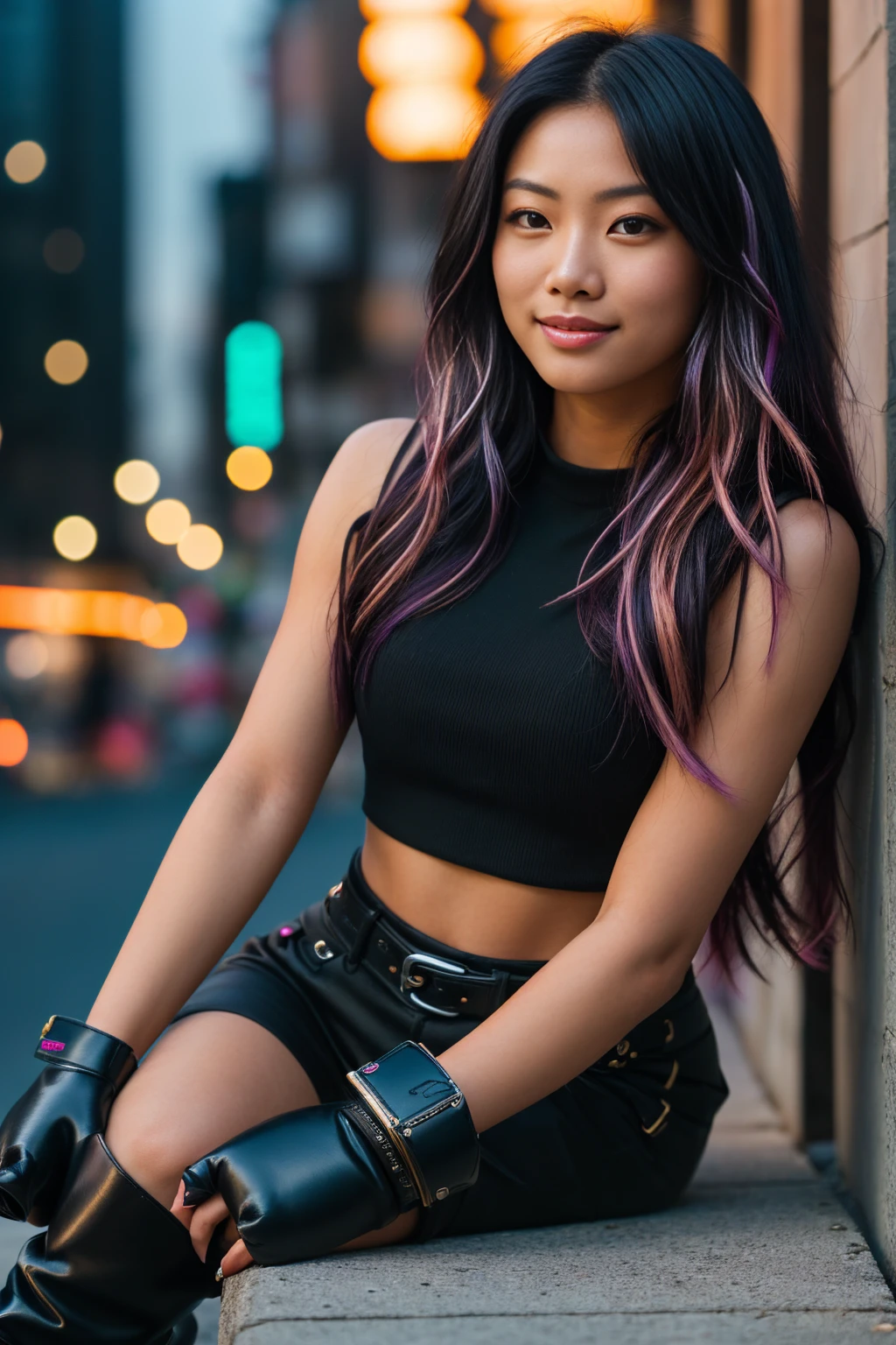 arafed woman with long black hair with purple highlights sitting relaxed and (((laid-back))) on a bench, (((arms spread out to the sides))) flowing black hair, with black hair, photo of a beautiful woman, long flowing black hair, black golden hour, curly pink hair, beautiful young asian woman, beautiful asian woman, wild ginger hair, pink wispy hair, light pink hair, a young asian woman, an asian woman, infp young woman, Portrait photo of a 24-year-old french girl in RAW UHD format (Black-eyed woman), Details (textures! , Hair! , glistering, Color!! , imperfections: 1.1), DSLR Lighting, SLR camera, Ultra-Quality, sharpness, Depth of field, Film grain (Downtown), Fujifilm XT3, Crystal clear, Frame Center, beatiful face, sharp-focus, neon lighting, bokeh (lit), day time, (open sky), detailed skin pores, oilly skin, suntan, Complex eye details, people in the background, (((long distance full body))), (((expensive boots))) (smiling)
