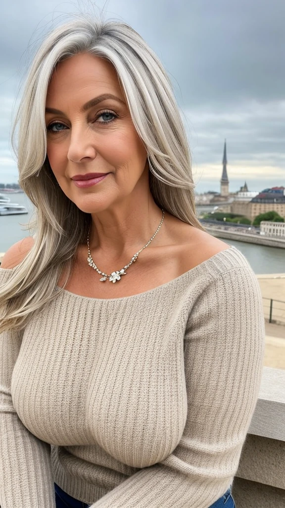 1 mature woman in, age60, Solo, casual hair, curvy body, Looking at Viewer, grayblondehair, Bare shoulders, deep cleavage, Brown eyes, jewely, Full body, a necklace, off shoulders, wearing cream sweater flower motif, Realistic, A sexy, full body, Most beautiful landmark of Europe views,
