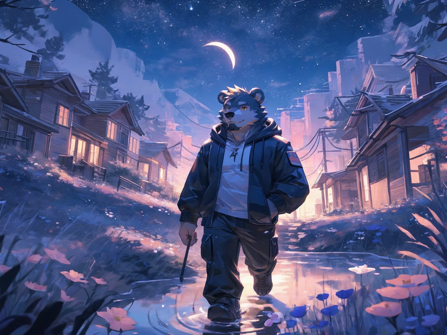 (masterpiece:1.2), best quality,pixiv,official art,perfect anatomy, (Ray tracing, light),solo, (1_male:1.3) , (muscle), (grey fur:1.4), (muscle bear), (beard:1.2), (gleaming golden eyes), bear tail, Thick black eyebrows,(black open hoodie is hike up:1.3), (naked inside:1.2), cargo pants, short boots, (A skyline at lakeland:1.3), with twinkling stars and a bright Milky Way. character is running on the flower road with lake
