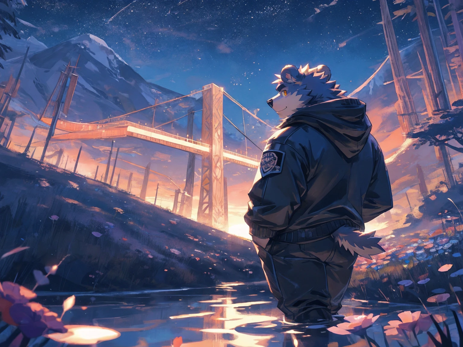(masterpiece:1.2), best quality,pixiv,official art,perfect anatomy, (Ray tracing, light),solo, (1_male:1.3) , (muscle), (grey fur:1.4), (muscle bear), (beard:1.2), (gleaming golden eyes), bear tail, Thick black eyebrows,(black open hoodie is hike up:1.3), (naked inside:1.2), cargo pants, short boots, (A skyline at lakeland:1.3), with twinkling stars and a bright Milky Way. character is running on the flower road with lake