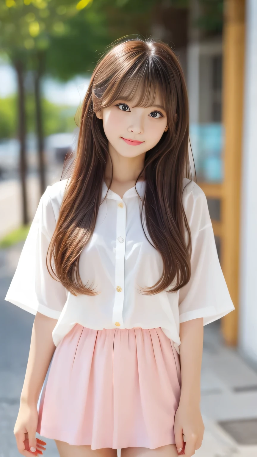 Sunburn marks on tanned skin、blush、Multicolored hair color、Bangs on the face、Bangs between the eyes、Super long hair、Beautiful bright transparent light blue big eyes that are charming and shining、A cute -yeld giwith a cute look, A strong wind blows my hair in front of my face、Beautiful big sparkling eyes, Cute eyes hidden by long bangs、Yawn、No visible nasolabial folds、A short, light-colored miniskirt、A cute and colorful summer shirt、Korean Beauty、Dark blush on the cheeks