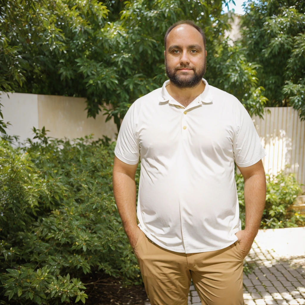 40-year-old man, White Caucasian, Brazilian style chubby, brown eyes and hair, short beard, street clothes, professional photography, various positions, various environments 