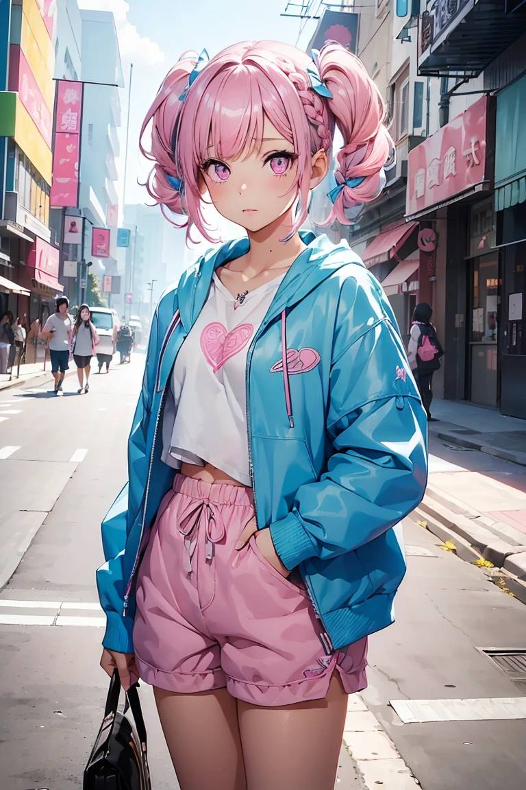((1 Girl)), Latest Trends in Clothing, heart, cute, Light blue shorts, Iridescent shoes, Street fashion,(ribbon),Cowboy Shot,((Very detailed,Highest quality, High resolution, 8k wallpaper, Beautiful clothes,)),((Pink Hair, Short Hair,Twin tails, Braid)), (Pink Eyes),eye shadow, eyeliner,Glowing Eyes, Very detailed目, Complex eyes, Beautiful Eyes, ((輝くPink Eyes)), 18-year-old girl