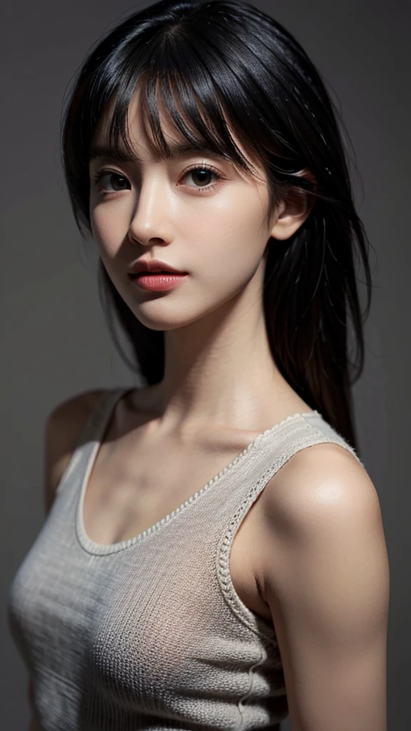 Very beautiful and detailed description、super realistic details、masterpiece、top-quality、Very fair and very beautiful skin、9 small face beauty、Beautiful eyes that are symmetrical and very large、The nasal muscles are passing through、 Except for the chest, it is thin and very thin overall,、Colossal breasts with a very beautiful shape and tension、Tight knitted dresses, From the top of head to inseam, Flat Lighting