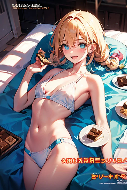 (small breasts:1.2), (perky chest:1.2), (pointed chest:1.2), (Pudding cake magazine cover:1.3),(from above:1.0),(fromside:0.9),masterpiece, 1girl, Amazing Cleavage:1.1, thin waist, optimum,tmasterpiece,hight resolution,best qualtiy,hyper HD,super detailing,awardwinning,16 K,solo,(The upper part of the body),anatomy correct,Beautiful cyberpunk girl,Cowboy Shot,cute face,a blond,Longhaire,Twin-tailed,Braids, Hairline,(scarlet eyes),long eyelasher,Hanging eye corners,White skin of the,shoot from the side, ((see through camisole:0.1)), ((Sheer nipples:1.0)),Rocket Tits,(Slim body),smile,seductive weak smiling,(with sparkling eyes and a contagious smile),open mouth, Looking at Viewer