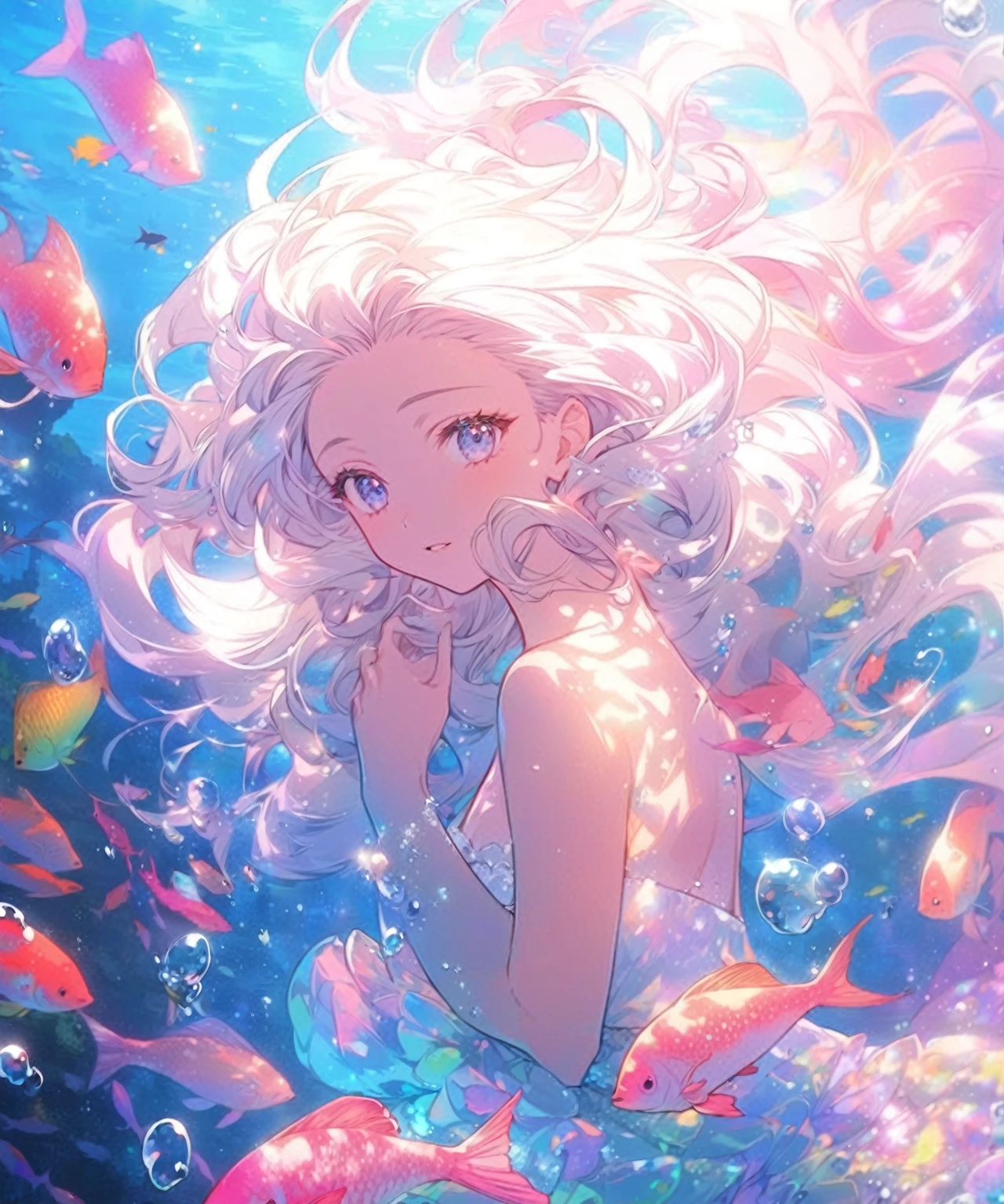 woman in mermaid costume surrounded by fish, Beautiful anime artwork, Beautiful anime art, Beautiful anime art style, clean detailed anime art, anime atmosphere, Beautiful anime, anime aesthetics, anime illustration, soft anime illustration, Beautiful anime portrait, anime image of a cute girl, dreamy psychedelic anime, Beautiful anime style, digital art on pixiv, wallpaper anime blue water