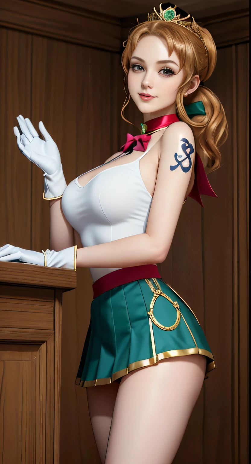 masterpiece、3d、Realistic、17 years old、Ultra-microphotography、Detailed and of the highest quality、Ultra-detailed CG Unity 8k wallpaper、full:1.3、stand、From below、Showing white panties、Intricate details、(1 female,housewife)、17 years old、Dynamic English、((A gorgeous golden tiara on her forehead:1.4、Metallic green pleated mini skirt:1.2、Praying Miniskirt:1.3、Huge red bow on the chest:1.2、Black gloves on elbows:1.1、big black collar、Green sailor collar、Red brooch))、(Red eyes,SetsunaMeiou
hair_good,
Hot Wind of the Underworld)、(Sailor 冥王星 Single Hairpan
Tiara Sailor Warrior Uniforms Skirt Gloves),((Single Ponytail)),Luxurious gold decoration, Incredibly long dark green hair:1.2、Shiny beautifull straight long dark green hair,:1.2、Sailor Pluto's Uniform, (Sailor Warrior Uniforms、Exposing the upper arm:1.2、Sleeveless,Luxurious gold decorationが施された長い白いラテックス手袋:1.3、Very large pink ribbon on the back of the waist,:1.1、Green choker、 The cleavage is sexy and boldly large.、gold ring earrings,Shiny black long knee-high boots with luxurious gold embellishments)、(Ultra-thin, glossy white holographic leather for a snug fit:1.3,Bold sexy slender white high leg gravette swimsuit)、staff, Holding_staff, Key chain accessories at waist,((Preparing for battle))、Has a giant key wand,
((Dark Skin:1.2,Captivating smile、Very cute face、Facial details:1.5、bright Red eyes、A beautifull face、beautidfull eyes、Shining Eyes、Thin lips:1.3、Thin, sharp, pale eyebrows,、Long and thick eyelashes、Double eyelashes))、Gorgeous giant white winged muscle:1.2、 Small and perfectly proportioned、Big breasts and small waist、Big Ass,Sexy model posing、毛穴が目stand、Perfect hands:1.l