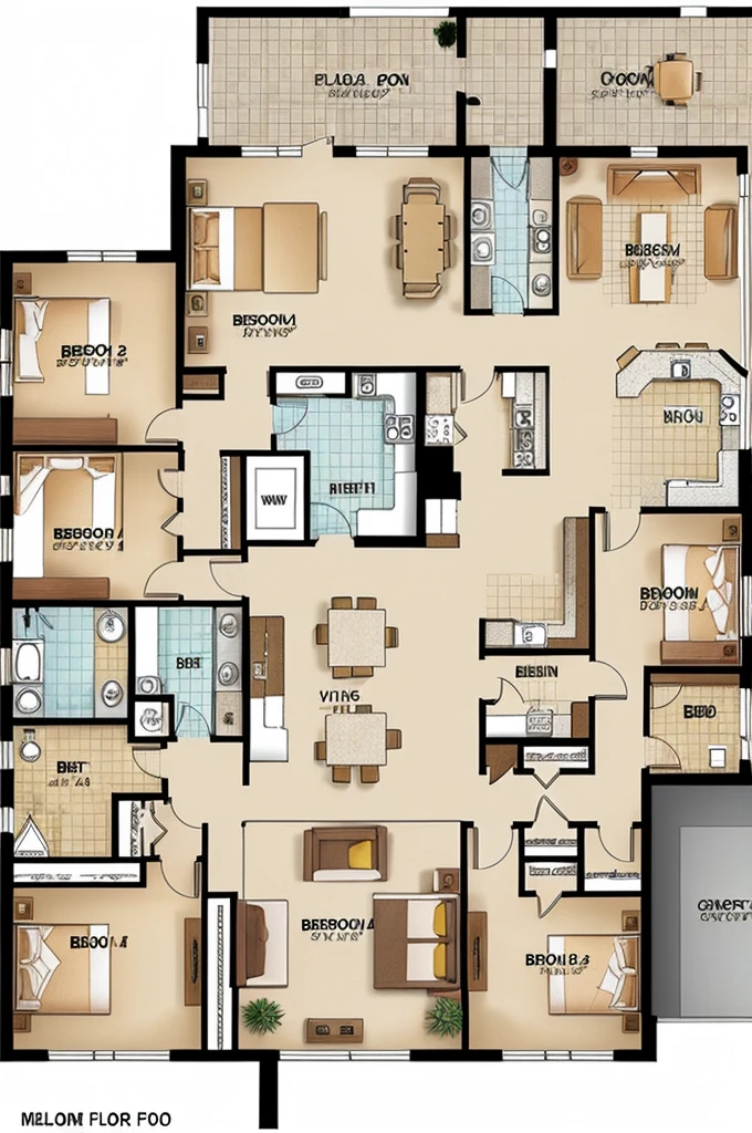 make me a spanish house design that has one floor only with floor plans