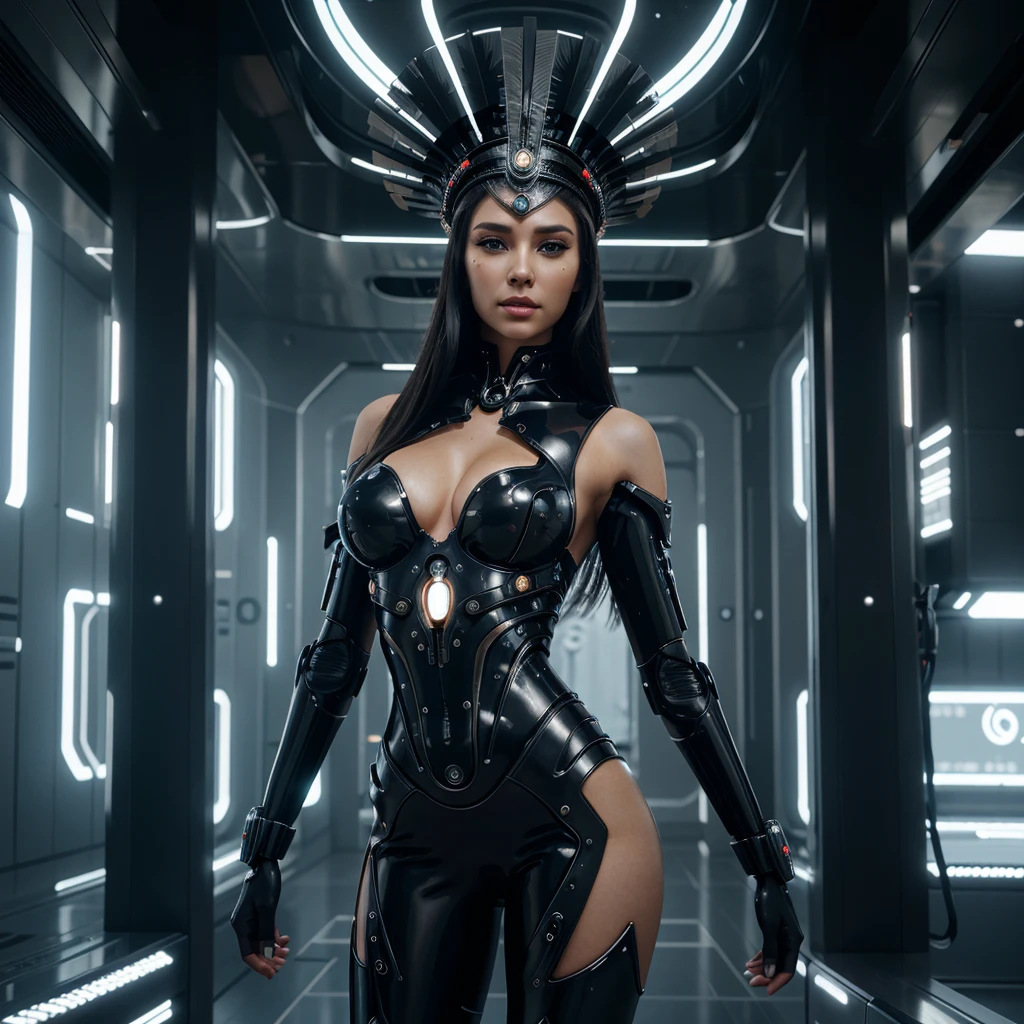 woman in headdress, full length, seductive, very detailed visual portrait, futuristic робототехник, nice, extremely detailed shot of the goddess, beautiful cyborg girl, Jason Angle, keyframe, anthropomorphic _ Humanoid, futuristic, realistic and high quality. With a good and seductive figure and look