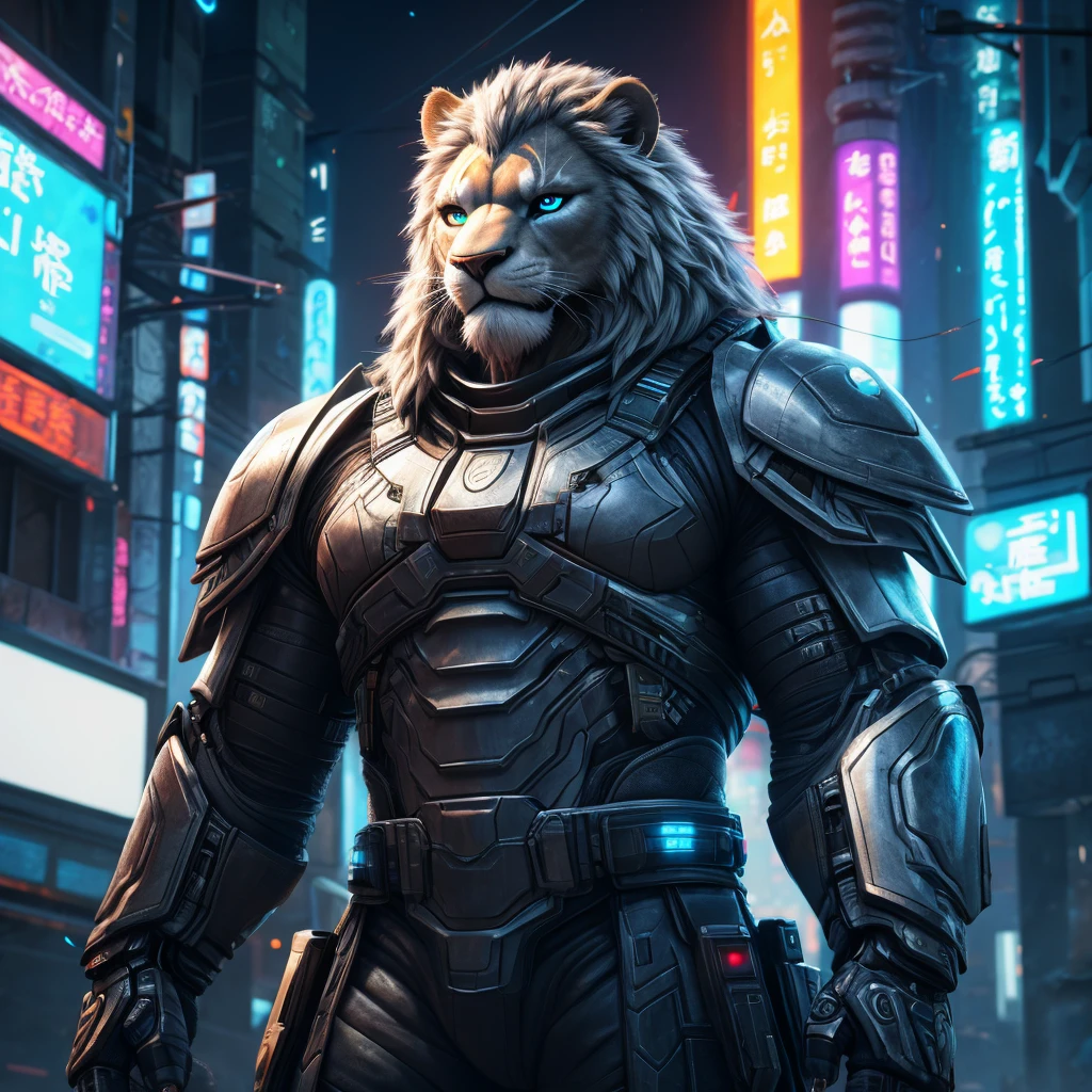 black and white samurai Lion, extremely detailed eyes and face, beautiful detailed face, long eyelashes, futuristic Tokyo city, samurai sci-fi armor, sci-fi style, neon colors, cyborg, katana, Japanese, (best quality,4k,8k,highres,masterpiece:1.2), ultra-detailed, (realistic, photorealistic, photo-realistic:1.37), cinematic lighting, dramatic atmosphere,