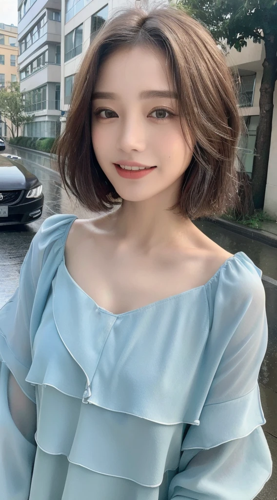 ((Highest quality, 8K, masterpiece:1.3)), concentrated: 1.2, Perfect Body Beauty: 1.4, ????: 1.2, ((Layered Haircut, ?????: 1.2)), (Wet clothes: 1.1), (rain, street:1.3), Bandeau dress: 1.1, Highly detailed face and skin texture, Beautiful Eyes, double eyelid, Whitening skin, Long Hair, (shut up: 1.3), smile