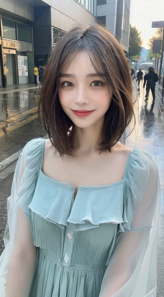 ((Highest quality, 8K, masterpiece:1.3)), concentrated: 1.2, Perfect Body Beauty: 1.4, Hips: 1.2, ((Layered Haircut, chest: 1.2)), (Wet clothes: 1.1), (rain, street:1.3), Bandeau dress: 1.1, Highly detailed face and skin texture, Beautiful Eyes, double eyelid, Whitening skin, Long Hair, (shut up: 1.3), smile