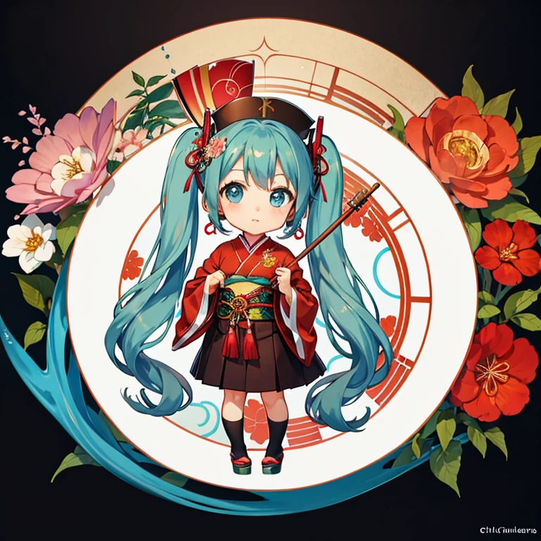 Hatsune Miku, Oiran, Japanese Umbrella, Edo, (chibi:1.5), full body, Big Eyes, (masterpiece), highest quality