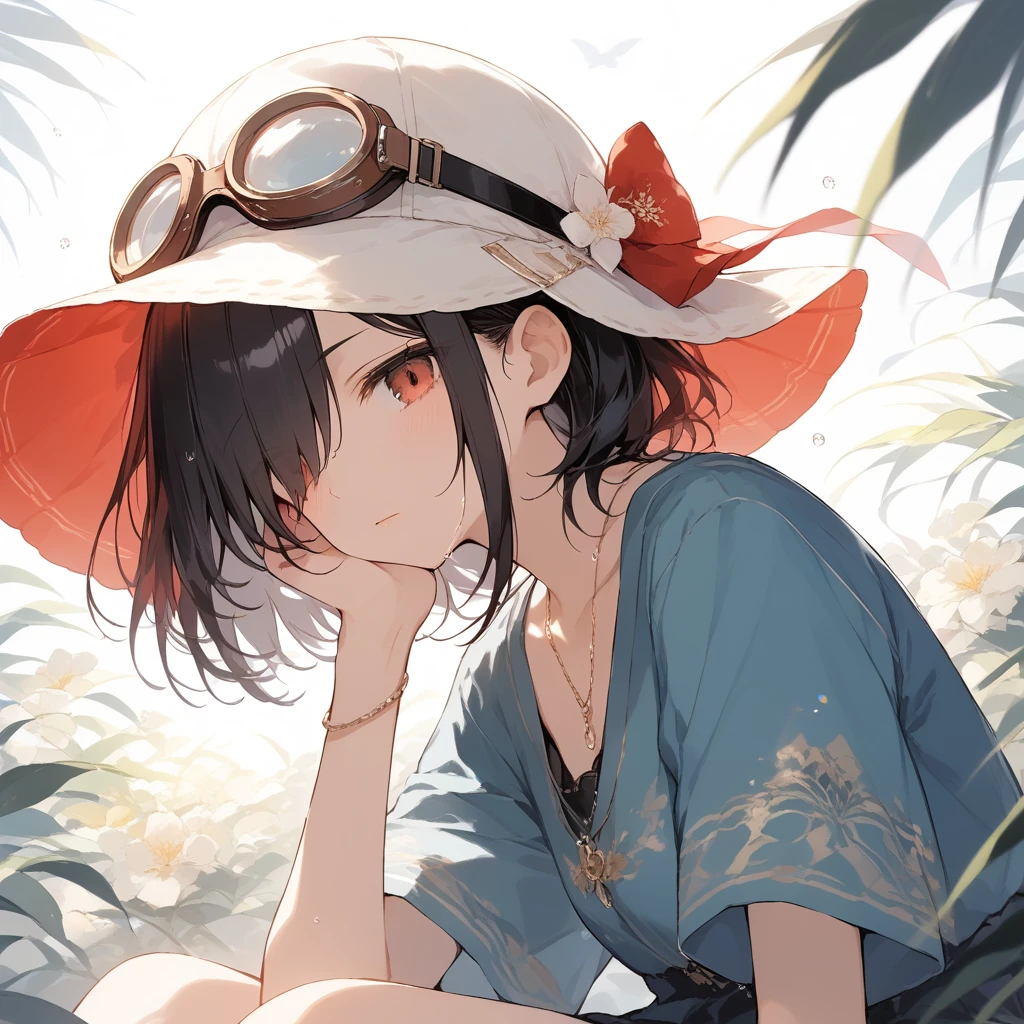 score_9, score_8_up, score_7_up, source_anime, best quality, masterpiece, official art, absurdres, highres, ultra-detailed,waifu2x,Collection: Slice of Life,break,1girl, 15-year-old, short hair, hair over one eye, small breasts, beautiful detailed eyes, well-proportioned iris and pupils, beautiful detailed lips, cap, goggles on headwear, skirt, sit, sweat, expressionless, sleepily, fantasy, outdoors, wind, break,(clear line illustration:1.2),very high resolution, very aesthetic, super detailed skin, Best cinematic lighting powered by famous artist, 8k, beauty illustration,photoshop_(medium),,(Detailed Lighting),best anime 8k konachan wallpaper, pixiv contest winner,