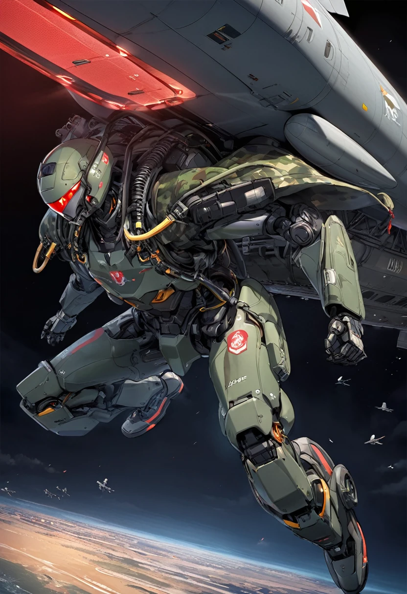 concept CG art,A humanoid military robot is airdropped from a transport plane at night.The robot has a powered suit-like appearance that is only about the height of a single person, has a stylish futuristic appearance, and is equipped with many reactive armors.He is equipped with a backpack-like backpack containing a parachute for airborne descent, and optional deceleration spray nozzle mechanisms on his chest and legs, which are special equipment for airborne descent.Since it is a Marine Corps specification, the entire body is covered in marine camouflage based on blue. Equipped with a machine gun in one arm Coastline of the sea at night, a large military transport plane opens the rear hatch and lowers the robot, the red light inside the transport plane illuminates the robot in the darkness of the night.A dynamic shot of the robot flying out of the transport plane.Perspective from above