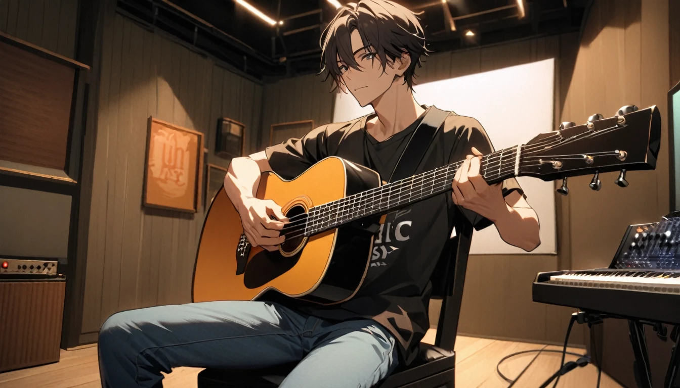Capture a handsome young man playing an acoustic guitar in a cozy, well-equipped music studio. He is casually dressed in a fitted t-shirt and jeans, sitting comfortably on a stool or chair. The studio has a warm, inviting ambiance with soundproof walls, musical instruments, and recording equipment visible in the background. Behind him, prominently displayed, is a stylish sign or logo that reads 'JM Music,' adding a professional and branded touch to the scene. The focus should be on his relaxed yet passionate expression as he strums the guitar, creating an atmosphere of genuine musical artistry
