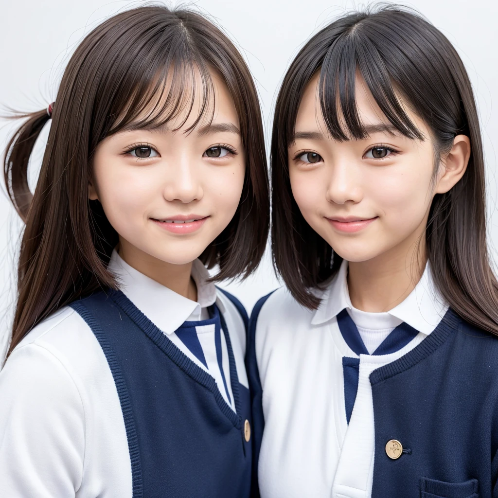 japanese , middle part , cute , smile , school winter uniform , face close-up, white background