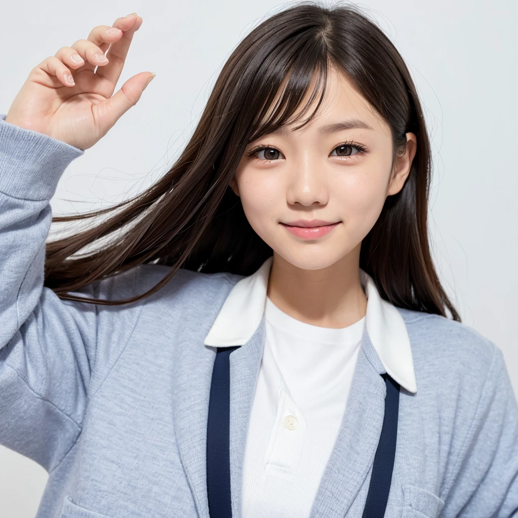japanese , middle part , cute , smile , school winter uniform , face close-up, white background