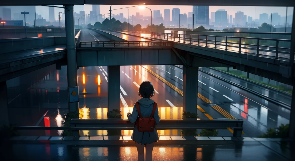 A  on an overpass on the road,Evening,It just rained lightly,Clear air,Sunlight and rain above the road reflect on the buildings,Screen view from top to bottom,The background is ambiguous