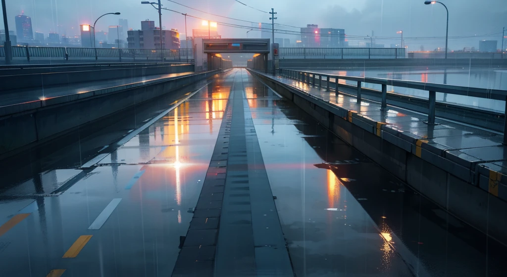 A on an overpass on the road,Evening,It just rained lightly,Clear air,Sunlight and rain above the road reflect on the buildings,Screen view from top to bottom,The background is ambiguous