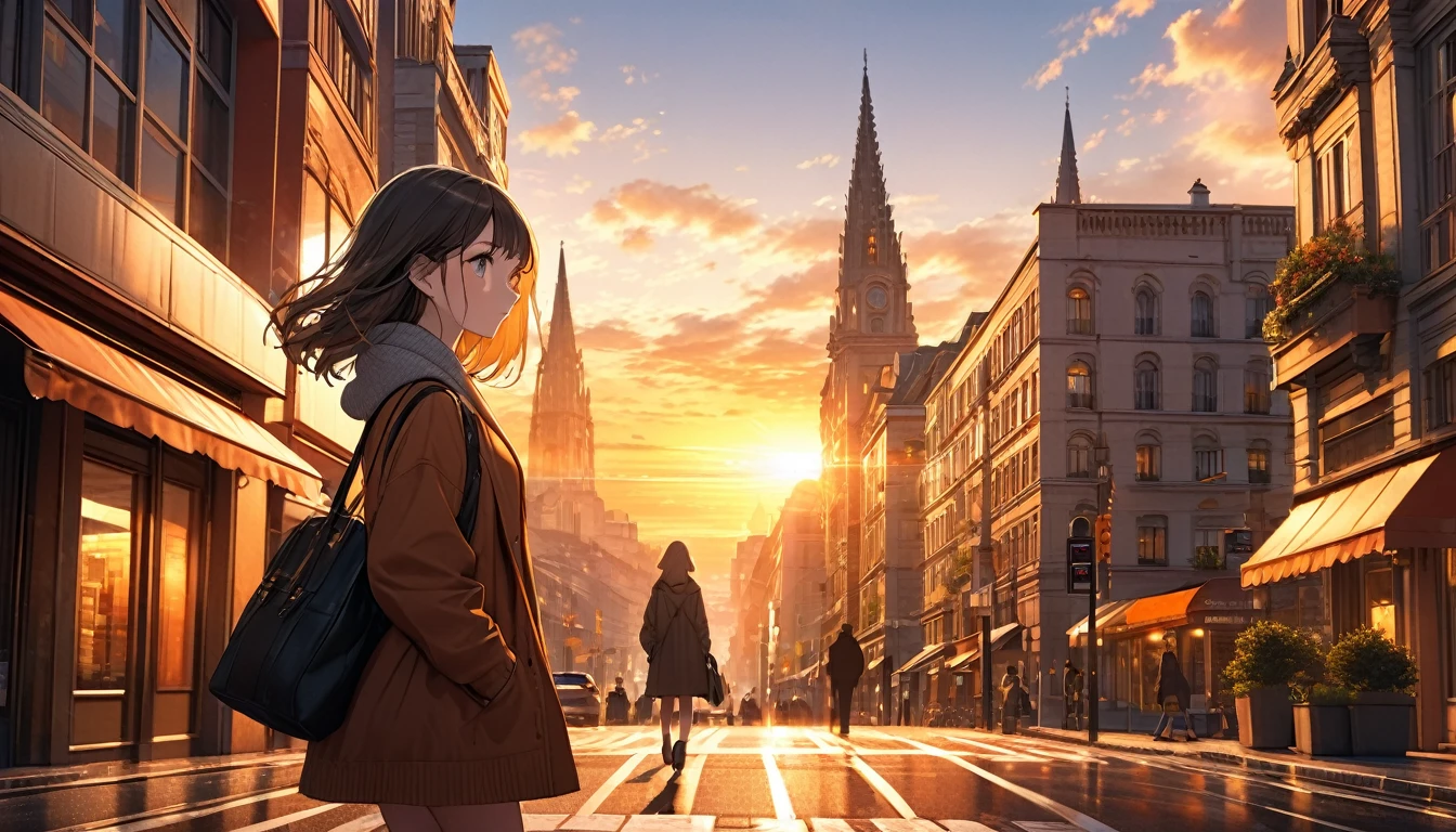 a girl walking on a city street at sunset, long eyelashes, 1 girl, detailed background, detailed cityscape, detailed architecture, detailed lighting, detailed colors, highly detailed, intricate details, masterpiece, photorealistic, 8k, cinematic colors, warm colors, glowing sunset, dramatic lighting