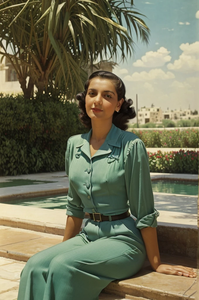 Palestine, 1946. portrait of A young ((((35-year-old)) Sira Quiroga)), beautiful, skinny, sitting in a luxurious hotel patio, ((((clothings from the 1940s)))), ((hairstyle of the 1940s)), ((colorful, Monet))